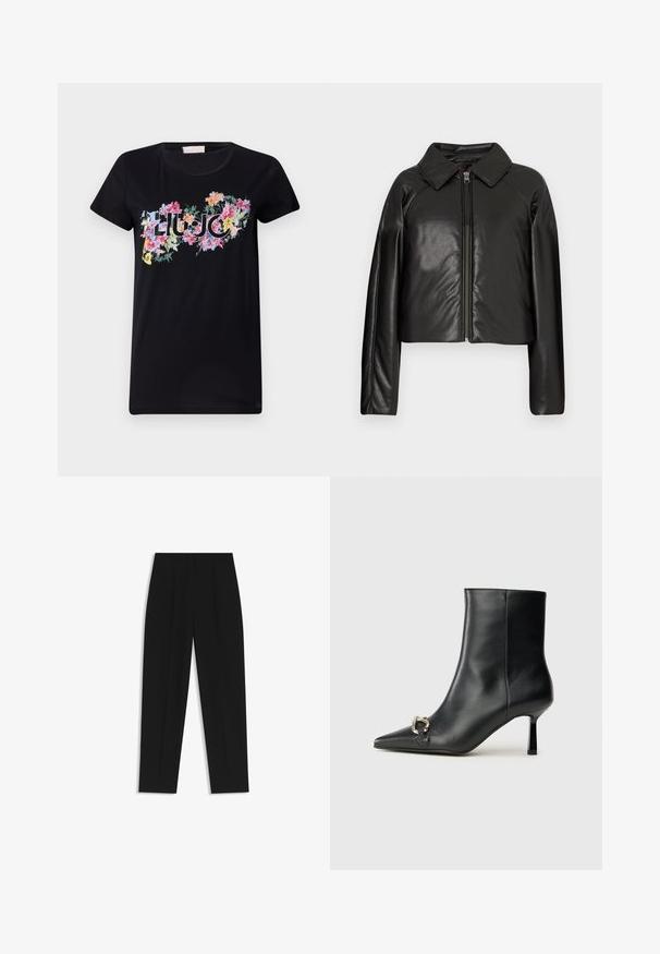 Mustat tekonahkaiset lyhyet takit, joissa on kauluksessa oleva kaulus ja vetoketjukiinnitys. Ominaisuuksiin kuuluu pitkät hihat ja sileä, kiiltävä pinta.; Mustat lyhyet hihattomat t-paidat, jotka on valmistettu puuvillasta. Ominaisuuksiin kuuluu värikäs kukkakuosi, jossa on sana "LIU JO" keskellä, erimuotoiset ja -tyyliset kukat. ; Mustat housut suoran istuvuuden kanssa, joissa on kaksinkertaiset laskokset, sileä pinta ja klassinen vyötärönauhan muotoilu. Ei näkyviä metalliosia tai koristeita.; Musta nahkasaapas nilkkapituisilla, terävillä kärjillä, hoikalla keskipituisella korolla ja hopeavöillä sivussa yksinkertaista taustaa vasten.