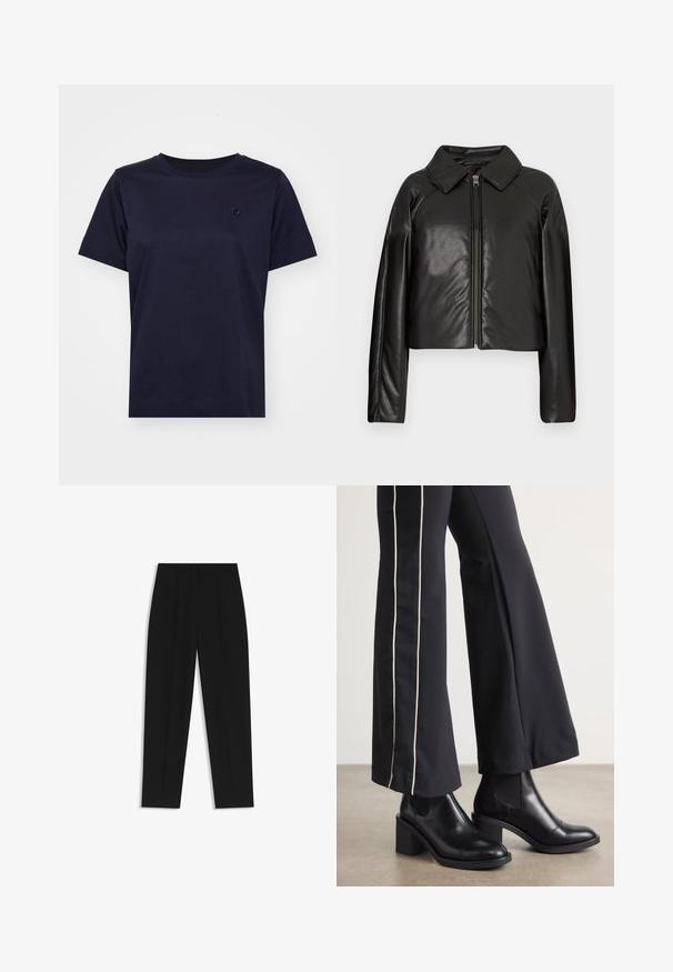 Black faux leather cropped jacket with a collared neckline and zip closure. Features long sleeves and smooth, glossy texture.; Navy blue cotton t-shirt with short sleeves, round neckline, and a small textured logo on the chest. Minimalist design and smooth texture.; Black trousers with a straight fit, featuring double pleats, a smooth texture, and a classic waistband design. No visible hardware or accents.; Black leather ankle boots with a block heel, featuring elastic side panels. Paired with black pants that have a white side stripe.