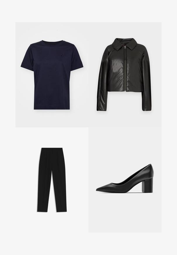 Mustat tekonahkaiset lyhyet takit, joissa on kauluksessa oleva kaulus ja vetoketjukiinnitys. Ominaisuuksiin kuuluu pitkät hihat ja sileä, kiiltävä pinta.; Tummansininen puuvillainen t-paita lyhyillä hihoilla, pyöreällä kaula-aukolla ja pienellä rakenteellisella logolla rinnassa. Minimalistinen muotoilu ja sileä rakenne.; Mustat housut suoran istuvuuden kanssa, joissa on kaksinkertaiset laskokset, sileä pinta ja klassinen vyötärönauhan muotoilu. Ei näkyviä metalliosia tai koristeita.; Musta nahkakengät, joissa on teräväkärkinen muoto ja paksu neliöklippu. Sujuva pinta, yksinkertainen muotoilu, sopii virallisiin tilaisuuksiin.