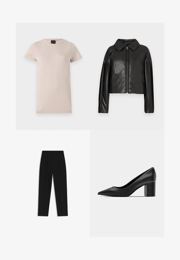 Sort kunstlæder cropped jakke med krave og lynlåslukning. Har lange ærmer og en glat, blank tekstur.; Lyserød t-shirt med korte ærmer lavet af blødt stof. Har en rund halsudskæring og et broderet logo på brystet.; Sorte bukser med lige pasform, der har dobbelte folder, en glat tekstur og et klassisk taljedesign. Ingen synlige hardware eller accenter.; Sorte læderpumper med spidse tæer og en chunky firkantet hæl. Glat tekstur, enkelt design, velegnet til formelle anledninger.