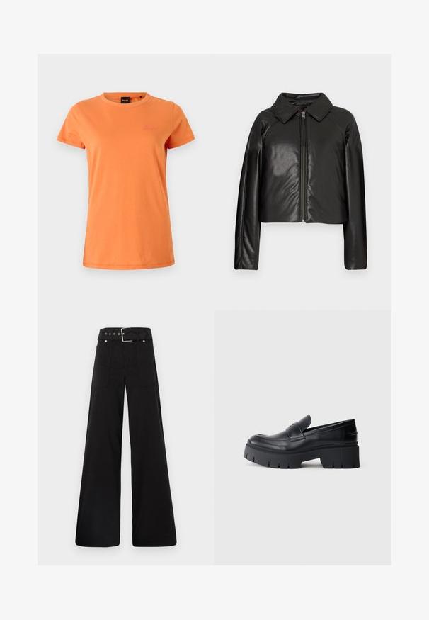 Black faux leather cropped jacket with a collared neckline and zip closure. Features long sleeves and smooth, glossy texture.; Short-sleeve t-shirt in bright orange cotton with a crew neckline and embroidered logo on the left chest. Smooth texture, relaxed fit.; Black wide-leg trousers made from cotton, featuring a high waist, large side pockets, and a belted waist with silver hardware accents.; Black chunky platform loafer with smooth leather upper, decorative strap, and thick textured sole on white background.