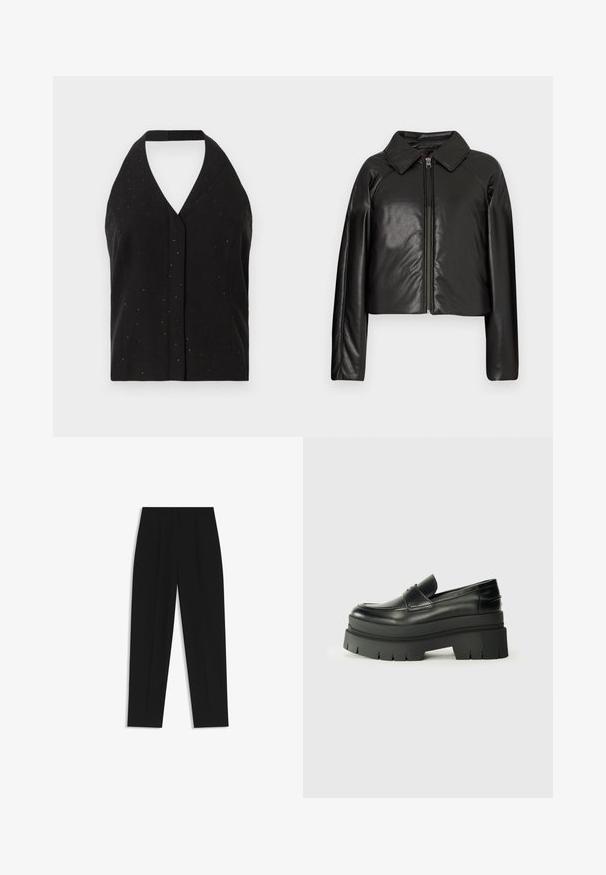 Black faux leather cropped jacket with a collared neckline and zip closure. Features long sleeves and smooth, glossy texture.; Black sleeveless halter top featuring a deep V-neck, subtle sparkling embellishments, and a fitted design with a back tie closure.; Black trousers with a straight fit, featuring double pleats, a smooth texture, and a classic waistband design. No visible hardware or accents.; Black leather loafers with a chunky platform sole. Rounded toe, front seam detail, and subtle stitching accents. Flat, textured outsole.