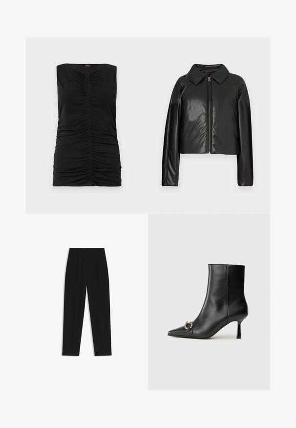 Black faux leather cropped jacket with a collared neckline and zip closure. Features long sleeves and smooth, glossy texture.; Black sleeveless top with gathered texture, featuring a keyhole design at the neckline and a fitted silhouette. Smooth fabric.; Black trousers with a straight fit, featuring double pleats, a smooth texture, and a classic waistband design. No visible hardware or accents.; Black leather ankle boot with pointed toe, slim mid-height heel, and silver buckle detail on side against plain background.