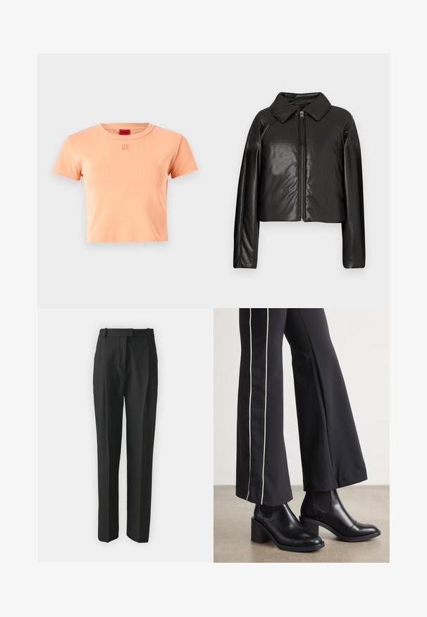 Juodas dirbtinės odos trumpas švarkas su koloratu ir užtrauktuku. Turi ilgomis rankovėmis ir lygią, blizgią tekstūrą.; Šviesiai persikinė medvilnės T-marškiniai su trumpomis rankovėmis ir apvalia iškirpte. Krūtinėje siuvinėtas „HUGO“ logotipas, atitinkančios spalvos.; Juodi pritaikyti kelnes pagamintos iš lengvos medžiagos, turinčios tiesų kirpimą, plokščią priekinę dalį ir diržo kilpas. Lygus paviršius be matomų raštų.; Juodi odiniai auliniai batai su plataus bloko kulnu, turintys elastines šonines dalis. Sukomplektuoti su juodomis kelnėmis, turinčiomis baltą šoninės juostą.