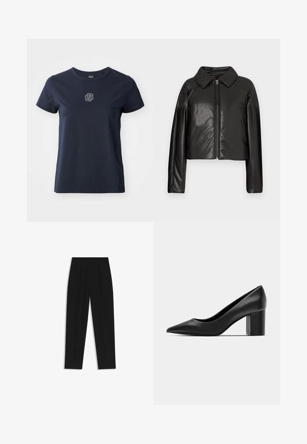 Mustat tekonahkaiset lyhyet takit, joissa on kauluksessa oleva kaulus ja vetoketjukiinnitys. Ominaisuuksiin kuuluu pitkät hihat ja sileä, kiiltävä pinta.; Tummansininen puuvillapaita, jossa on lyhyet hihat, pyöreä pääntie ja pieni timanttilogo vasemmassa rintakehässä.; Mustat housut suoran istuvuuden kanssa, joissa on kaksinkertaiset laskokset, sileä pinta ja klassinen vyötärönauhan muotoilu. Ei näkyviä metalliosia tai koristeita.; Musta nahkakengät, joissa on teräväkärkinen muoto ja paksu neliöklippu. Sujuva pinta, yksinkertainen muotoilu, sopii virallisiin tilaisuuksiin.