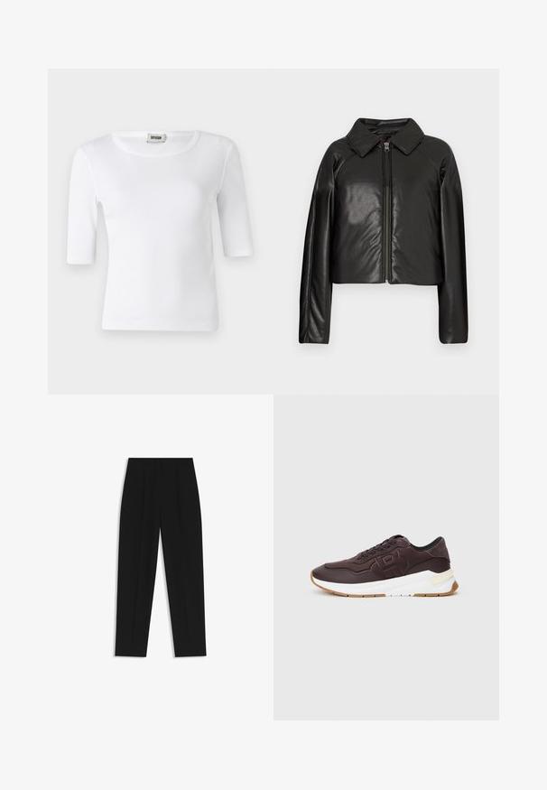 Black faux leather cropped jacket with a collared neckline and zip closure. Features long sleeves and smooth, glossy texture.; White ribbed T-shirt with a round neckline and elbow-length sleeves. Made of soft material with a smooth texture. Tag visible at the neckline.; Black trousers with a straight fit, featuring double pleats, a smooth texture, and a classic waistband design. No visible hardware or accents.; Dark brown sneaker with black lining, embossed logo on side, white thick sole, and gum-colored outsole on a plain background.