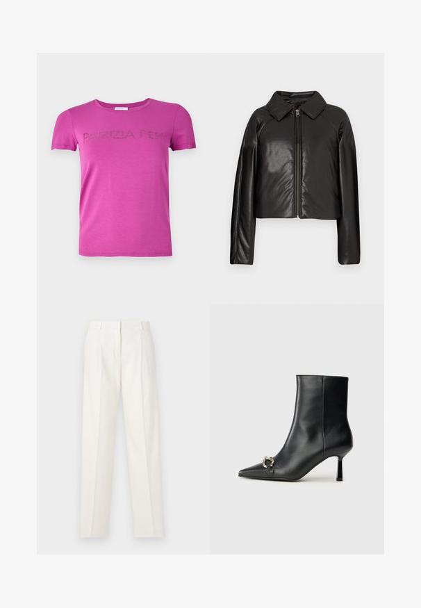 Svart, imitert skinn, cropped jakke med krage og glidelås. Har lange ermer og en jevn, glinsende overflate.; Fuchsia kortermet t-skjorte laget av myk stoff med "PATRIZIA PEPE" i rhinestones over brystet og rund halsdesign.; Hvite bukser laget av lin, med rett snitt, doble folder foran, og en jevn tekstur. Ingen synlige lommer eller metallbeslag.; Sorte lær ankle boot med spiss tå, slank mid-høyde hæl og sølvspenne på siden mot en enkel bakgrunn.