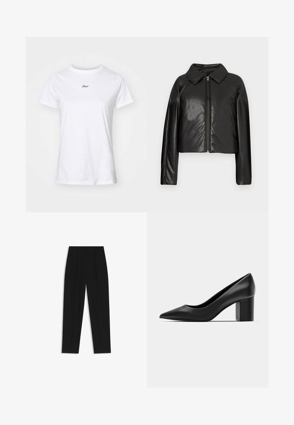Giacca cropped nera in ecopelle con colletto e chiusura a zip. Caratterizzata da maniche lunghe e una texture liscia e lucida.; T-shirt bianca in cotone con collo rotondo, maniche corte e un piccolo logo cursivo nero sul petto. Tessuto morbido, vestibilità regolare.; Pantaloni neri a taglio dritto, con doppie pieghe, una texture liscia e un design classico in vita. Nessun hardware o dettaglio visibile.; Decolleté in pelle nera con punteggiatura e tacco quadrato spesso. Texture liscia, design semplice, adatto per ambienti formali.