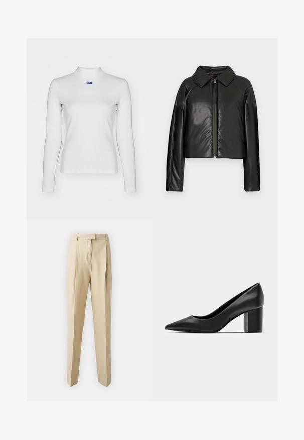 Juodas dirbtinės odos trumpas švarkas su koloratu ir užtrauktuku. Turi ilgomis rankovėmis ir lygią, blizgią tekstūrą.; Baltas ilgomis rankovėmis golfas, pagamintas iš elastinės medžiagos, su prigludusiu dizainu ir mažyte mėlyna logotipu ant krūtinės.; Smėlio spalvos dailiai pritaikyti kelnių modeliai su tiesiu kirpimu, su raukšlėmis, liemens juosta ir lygiu paviršiumi. Nėra matomų kišenių ar puošmenų.; Juodas odinis batelis su smailiu pirštu ir storu kvadratiniu kulnu. Lygus paviršius, paprastas dizainas, tinkantis oficialioms aplinkoms.