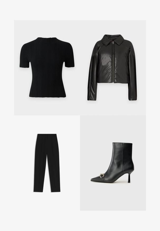 Giacca cropped nera in ecopelle con colletto e chiusura a zip. Caratterizzata da maniche lunghe e una texture liscia e lucida.; Top corto a maniche corte nero a costine con colletto alto. Presenta un tessuto texturizzato e una silhouette aderente, offrendo opzioni di stile casual e versatili.; Pantaloni neri a taglio dritto, con doppie pieghe, una texture liscia e un design classico in vita. Nessun hardware o dettaglio visibile.; Stivale alla caviglia in pelle nera con punta affusolata, tacco sottile di media altezza e dettaglio in fibbia argentata sul lato, su sfondo semplice.