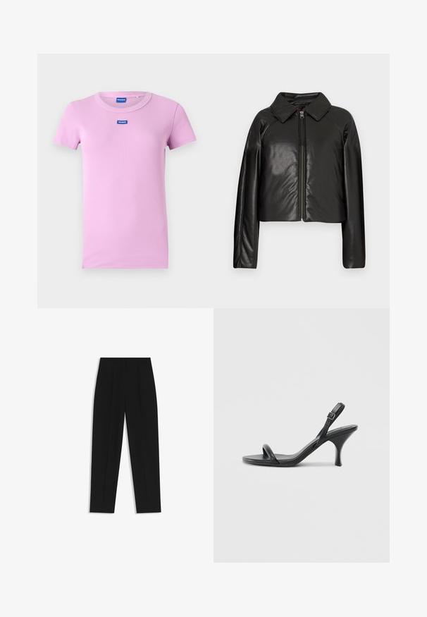 Sort kunstlæder cropped jakke med krave og lynlåslukning. Har lange ærmer og en glat, blank tekstur.; Lyserød kortærmet t-shirt lavet af ribbet stof. Har en rund halsudskæring og et lille blåt "HUGO" logo på brystet.; Sorte bukser med lige pasform, der har dobbelte folder, en glat tekstur og et klassisk taljedesign. Ingen synlige hardware eller accenter.; Sorte læder højhælede sandaler med en slank, buet hæl og et krydset stropdesign. Justerbar ankelrem. Glat tekstur.
