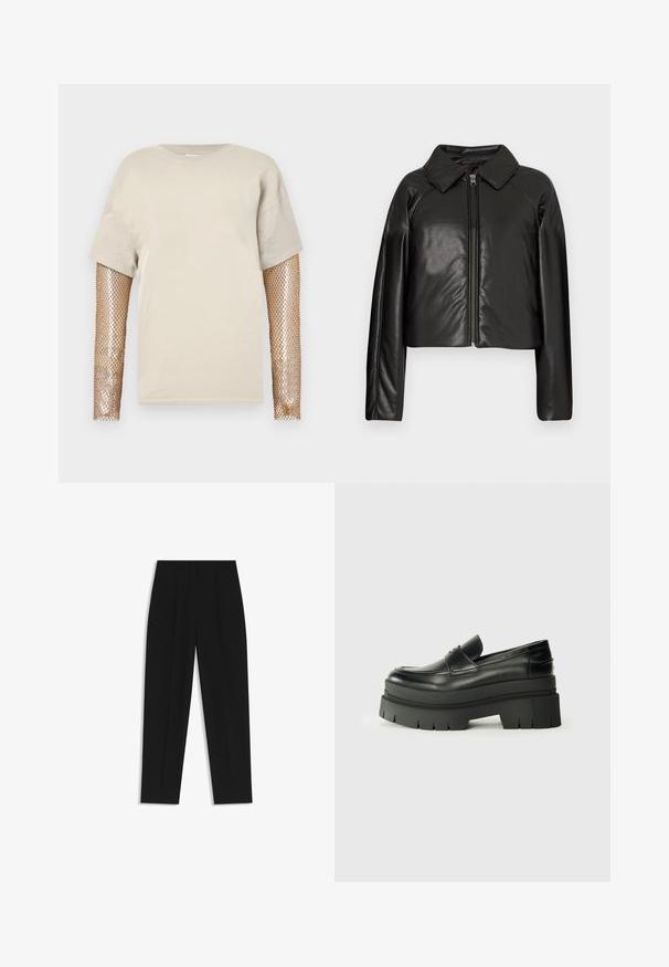 Black faux leather cropped jacket with a collared neckline and zip closure. Features long sleeves and smooth, glossy texture.; Beige short-sleeve T-shirt with metallic gold fishnet long sleeves. The fabric is smooth, and the design includes a rounded neckline.; Black trousers with a straight fit, featuring double pleats, a smooth texture, and a classic waistband design. No visible hardware or accents.; Black leather loafers with a chunky platform sole. Rounded toe, front seam detail, and subtle stitching accents. Flat, textured outsole.