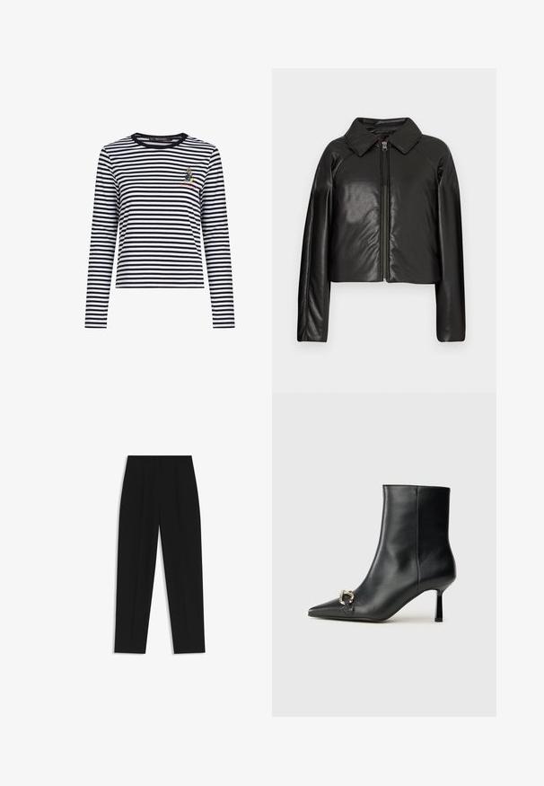 Black faux leather cropped jacket with a collared neckline and zip closure. Features long sleeves and smooth, glossy texture.; Long-sleeve striped shirt in black and white, featuring a round neckline and a small embroidered character on the chest. Soft fabric.; Black trousers with a straight fit, featuring double pleats, a smooth texture, and a classic waistband design. No visible hardware or accents.; Black leather ankle boot with pointed toe, slim mid-height heel, and silver buckle detail on side against plain background.