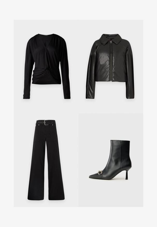 Schwarze Kunstleder-Cropped-Jacke mit Kragen und Reißverschluss. Mit langen Ärmeln und glatter, glänzender Textur.; Schwarzes Langarmoberteil mit V-Ausschnitt, gerafften Schultern und einem Knoten-Detail vorne; aus einem glatten, leichten Stoff gefertigt.; Schwarze weitgeschnittene Hose aus Baumwolle, mit hoher Taille, großen Seitentaschen und einem taillierten Bund mit silbernen Hardware-Akzenten.; Schwarze Leder-Stiefelette mit spitzer Zehe, schlankem, mittelhohem Absatz und silberner Schnalle seitlich vor einem schlichten Hintergrund.