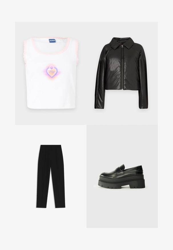 Chaqueta corta de imitación piel negra con cuello con solapa y cierre de cremallera. Presenta mangas largas y una textura suave y brillante.; Top sin mangas blanco con borde en rosa en forma de concha, que presenta un gráfico central de corazón en colores pastel con el texto "Hugo" en su interior.; Pantalones negros de corte recto, con doble pinza, textura suave y un diseño de cinturilla clásica. Sin hardware o acentos visibles.; Mocasines de cuero negro con suela de plataforma contundente. Punta redondeada, detalle de costura en la parte delantera y sutiles acentos de costura. Suela plana y texturizada.