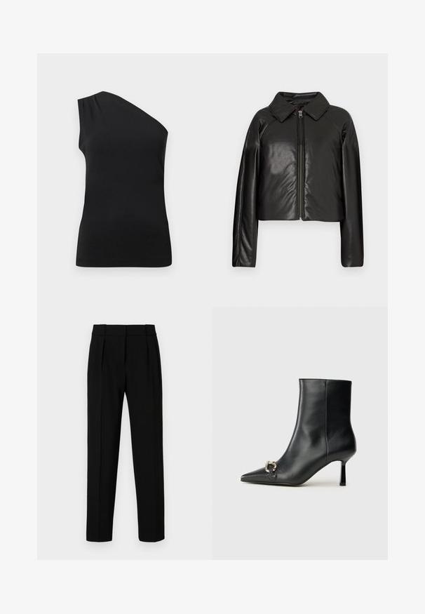 Zwarte faux leren cropped jack met een kraag en ritssluiting. Heeft lange mouwen en een soepele, glanzende textuur.; Zwarte, één-schoudertop met een slank, getailleerd ontwerp. Gemaakt van gladde stof met subtiele plooien op de schouder.; Zwarte op maat gemaakte broeken met een rechte pasvorm, geplooide voorkant, glanzende stof en een gemiddelde tailleband. Geen zichtbare zakken of hardware-details.; Zwarte leren enkelboot met spitse neus, slanke middenhoge hak en zilveren gespdetail aan de zijkant op een effen achtergrond.