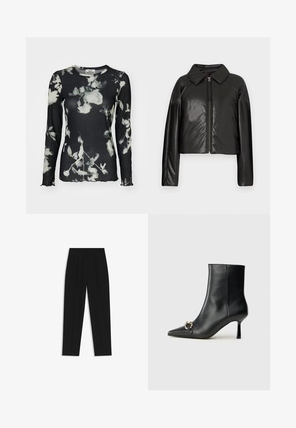 Giacca cropped nera in ecopelle con colletto e chiusura a zip. Caratterizzata da maniche lunghe e una texture liscia e lucida.; Top nero a maniche lunghe con texture a coste, con un motivo floreale bianco e bordi ondulati. Etichetta visibile sul collo.; Pantaloni neri a taglio dritto, con doppie pieghe, una texture liscia e un design classico in vita. Nessun hardware o dettaglio visibile.; Stivale alla caviglia in pelle nera con punta affusolata, tacco sottile di media altezza e dettaglio in fibbia argentata sul lato, su sfondo semplice.
