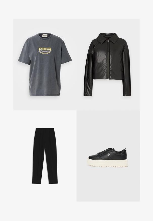 Zwarte faux leren cropped jack met een kraag en ritssluiting. Heeft lange mouwen en een soepele, glanzende textuur.; Grijze katoenen t-shirt met korte mouwen. Heeft een gele grafische print met de tekst "MNG Paradise Disco Dancing Club" op de voorkant.; Zwarte broeken met een rechte pasvorm, voorzien van dubbele plooien, een zachte textuur en een klassiek taillebandontwerp. Geen zichtbare hardware of accenten.; Zwarte leren sneaker met een stevige witte zool, ronde neus en platte veters; voorzien van het "HUGO" logo aan de zijkant en een gestructureerde zool voor grip.