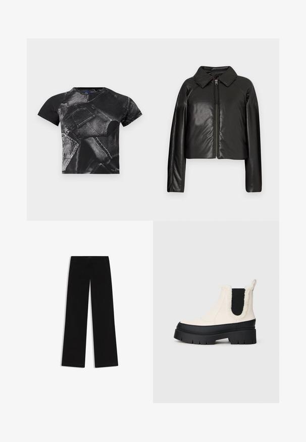 Zwarte faux leren cropped jack met een kraag en ritssluiting. Heeft lange mouwen en een soepele, glanzende textuur.; Zwarte t-shirt met korte mouwen, voorzien van een groot denimprint met zakken en naden, gemaakt van een katoenmix met een gestructureerde afwerking.; Zwarte wijd-uitlopende broek gemaakt van een gladde stof. Beschikt over twee zijzakken en een nette zoom. Eenvoudig ontwerp zonder zichtbare patronen of hardware.; Chunky platform enkellaarsjes met een witte bovenkant, zwarte rubberen zool en contrasterende zwarte elastische zijkanten. Nepbonten rand aan de bovenrand.