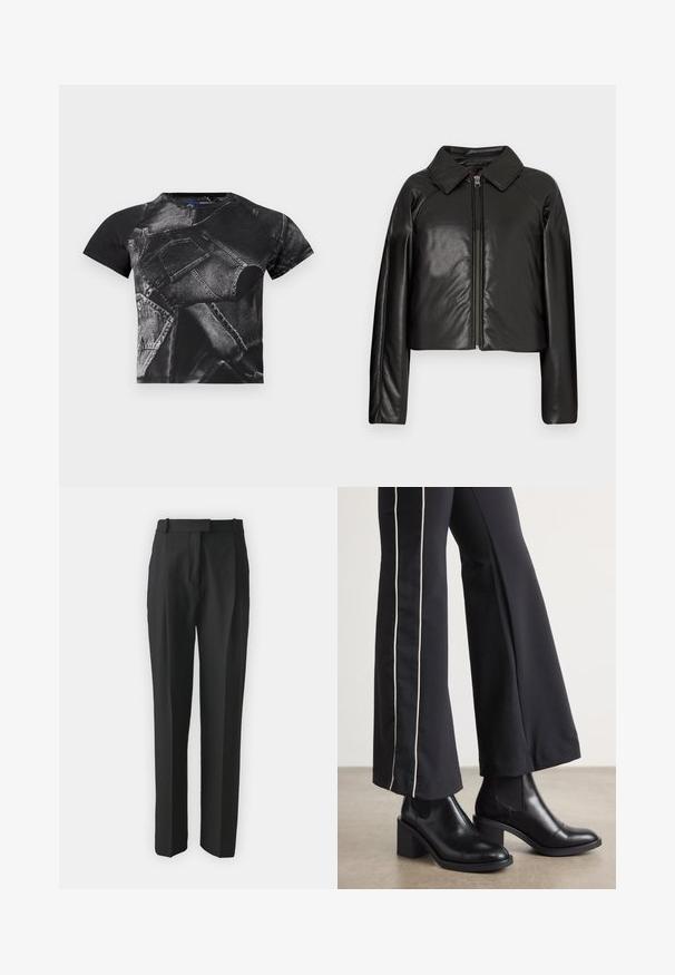 Čierna koženková skrátená bunda s golierom a zipsovým uzáverom. Má dlhé rukávy a hladký, lesklý povrch.; Čierne tričko s krátkym rukávom s veľkým denimovým potlačou s vreckami a švami, vyrobené z bavlnenej zmesi s textúrovaným povrchom.; Čierne nohavice na mieru vyrobené z ľahkej tkaniny, so strmým strihom, plochým predným dielom a pútkami na opasok. Hladká textúra bez viditeľných vzorov.; Čierne kožené členkové topánky s blokovým podpätkom, vybavené elastickými bočnými panelmi. Skombinované s čiernymi nohavicami, ktoré majú biely bočný pruh.