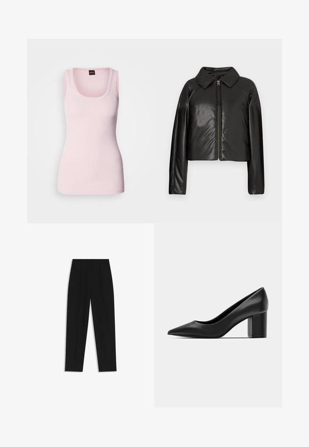 Svart imitationläder kortjacka med krage och dragkedjestängning. Har långa ärmar och en slät, glänsande yta.; Ljusrosa ribbad linne med rundad halsringning, som har en subtil logotyp vid bröstet och breda axelband. Slät textur.; Svarta byxor med rak passform, med dubbla fickor, en slät yta och en klassisk midje-design. Ingen synlig hårdvara eller detaljer.; Svart läderklack med spetsig tå och en kraftig fyrkantig klack. Slät textur, enkel design, passar för formella sammanhang.