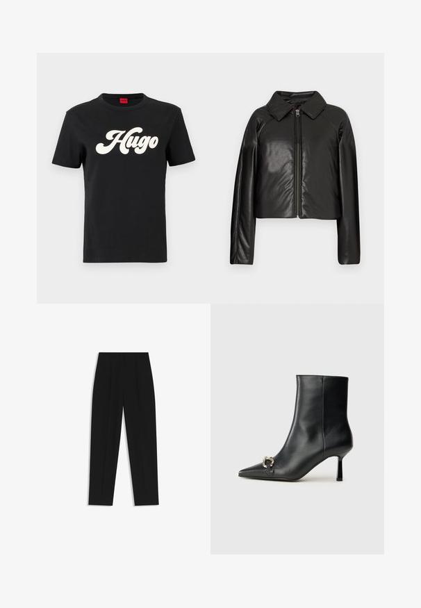 Black faux leather cropped jacket with a collared neckline and zip closure. Features long sleeves and smooth, glossy texture.; Black cotton t-shirt with short sleeves featuring a prominent white “Hugo” logo in a stylized font centered on the front.; Black trousers with a straight fit, featuring double pleats, a smooth texture, and a classic waistband design. No visible hardware or accents.; Black leather ankle boot with pointed toe, slim mid-height heel, and silver buckle detail on side against plain background.