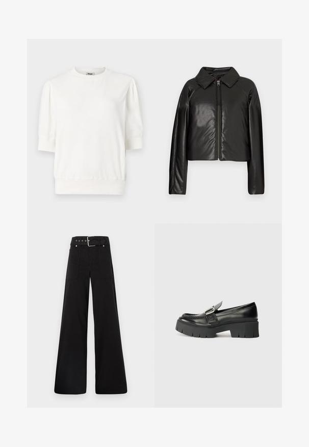 Černá faux kůže zkrácená bunda s límečkem a zipem. Obsahuje dlouhé rukávy a hladký, lesklý povrch.; Bílý tričko s krátkým rukávem a kulatým výstřihem, s nařasenými rukávy a přiléhavým pasem. Vyrobeno z měkké tkaniny.; Černé široké kalhoty vyrobené z bavlny, s vysokým pasem, velkými bočními kapsami a opaskem s kovovými akcenty v barvě stříbra.; Černé kožené mokasíny s bytelnou gumovou podrážkou. Mají ozdobu v podobě přezky a prošívání po obvodu svršku. Rovný podpatek.