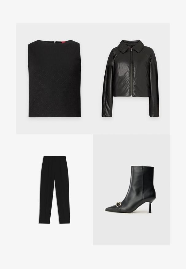 Black faux leather cropped jacket with a collared neckline and zip closure. Features long sleeves and smooth, glossy texture.; Black sleeveless top with a textured pattern, square neckline, and a back zipper. Features logo accents subtly woven into the fabric.; Black trousers with a straight fit, featuring double pleats, a smooth texture, and a classic waistband design. No visible hardware or accents.; Black leather ankle boot with pointed toe, slim mid-height heel, and silver buckle detail on side against plain background.