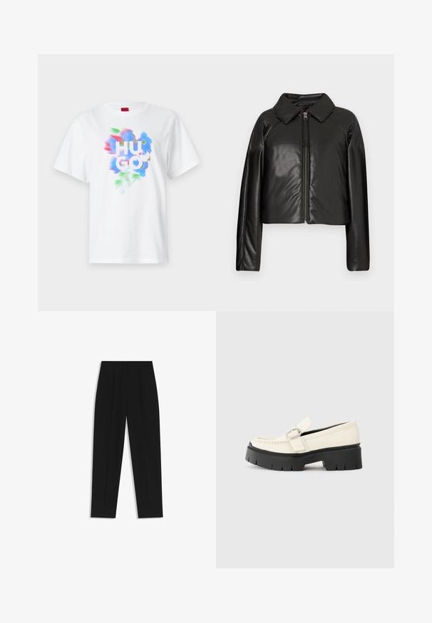 Zwarte faux leren cropped jack met een kraag en ritssluiting. Heeft lange mouwen en een soepele, glanzende textuur.; Witte katoen t-shirt met een kleurrijk abstract ontwerp in blauw, rood en groen, met "HUGO" prominent in het midden gedrukt.; Zwarte broeken met een rechte pasvorm, voorzien van dubbele plooien, een zachte textuur en een klassiek taillebandontwerp. Geen zichtbare hardware of accenten.; Witte leren loafer met een stevige zwarte plateauzool, voorzien van een rechthoekige zilveren gesp en zichtbare stiksels op de bovenkant.