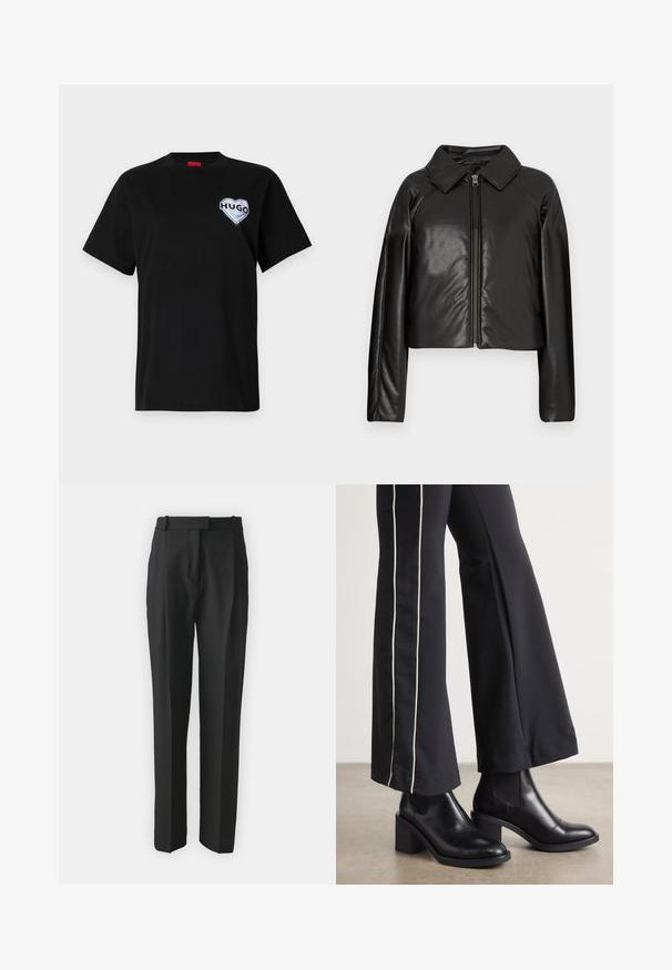Black faux leather cropped jacket with a collared neckline and zip closure. Features long sleeves and smooth, glossy texture.; Black cotton t-shirt featuring a round neckline and short sleeves, with a white heart-shaped "HUGO" logo on the left chest.; Black tailored trousers made from lightweight fabric, featuring a straight cut, flat front, and belt loops. Smooth texture with no visible patterns.; Black leather ankle boots with a block heel, featuring elastic side panels. Paired with black pants that have a white side stripe.