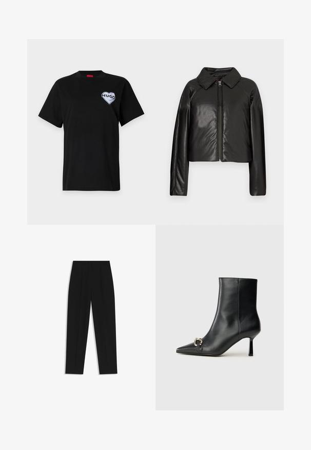 Sort kunstlæder cropped jakke med krave og lynlåslukning. Har lange ærmer og en glat, blank tekstur.; Sort bomulds t-shirt med rund halsudskæring og korte ærmer, med et hvidt hjerteformet "HUGO" logo på venstre bryst.; Sorte bukser med lige pasform, der har dobbelte folder, en glat tekstur og et klassisk taljedesign. Ingen synlige hardware eller accenter.; Sort læder ankelstøvle med spidse tæer, slank hæl i mellemhøjde og sølvspænde detaljer på siden mod en ensfarvet baggrund.