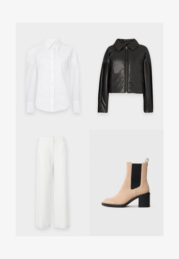 Juodas dirbtinės odos trumpas švarkas su koloratu ir užtrauktuku. Turi ilgomis rankovėmis ir lygią, blizgią tekstūrą.; Balta medvilnės marškinėliai su knopkėmis. Turi klasikinį apykaklę, ilgomis rankovėmis ir standartinę knopkių juostą su smėlio spalvos knopkėmis. Sklandus paviršius.; Balti pločio kelnės su glotnia tekstūra, su lygia priekiu ir presuotomis raukšlėmis. Pagamintos iš lengvo audinio, be matomų raštų.; Bežinės suede aulinės bateliai su blokuotu kulnu, su juodu elastingu įdėklu ir traukimo kilpele gale. Lygus paviršius ir suapvalintas pirštas.