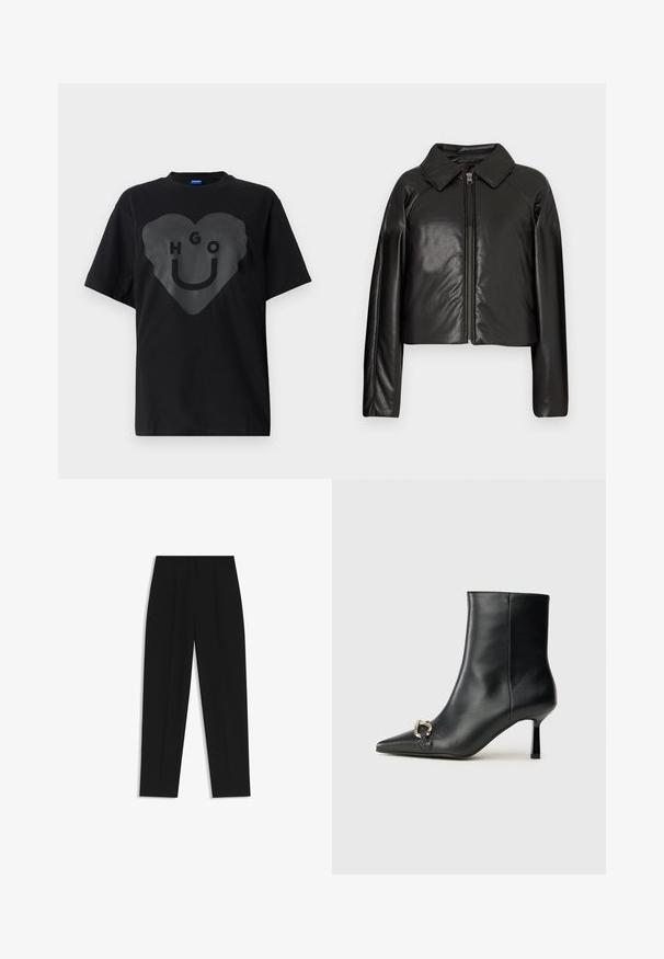 Black faux leather cropped jacket with a collared neckline and zip closure. Features long sleeves and smooth, glossy texture.; Black t-shirt, oversized fit, featuring a large heart graphic with the text "HGO" and a smiley face in a glossy finish on the front.; Black trousers with a straight fit, featuring double pleats, a smooth texture, and a classic waistband design. No visible hardware or accents.; Black leather ankle boot with pointed toe, slim mid-height heel, and silver buckle detail on side against plain background.