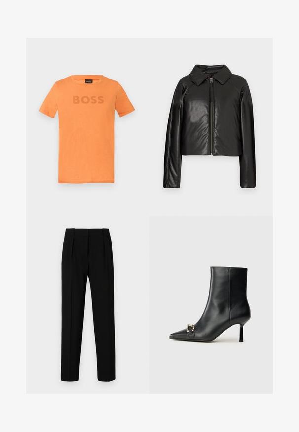 Svart, imitert skinn, cropped jakke med krage og glidelås. Har lange ermer og en jevn, glinsende overflate.; Oransje t-skjorte med korte ermer laget av myk bomull, med rund hals og teksten "BOSS" i en litt mørkere nyanse over fronten.; Svarte skreddersydde bukser med rett passform, plisserte foran, polert stoff og medium midje. Ingen synlige lommer eller detaljer i beslag.; Sorte lær ankle boot med spiss tå, slank mid-høyde hæl og sølvspenne på siden mot en enkel bakgrunn.