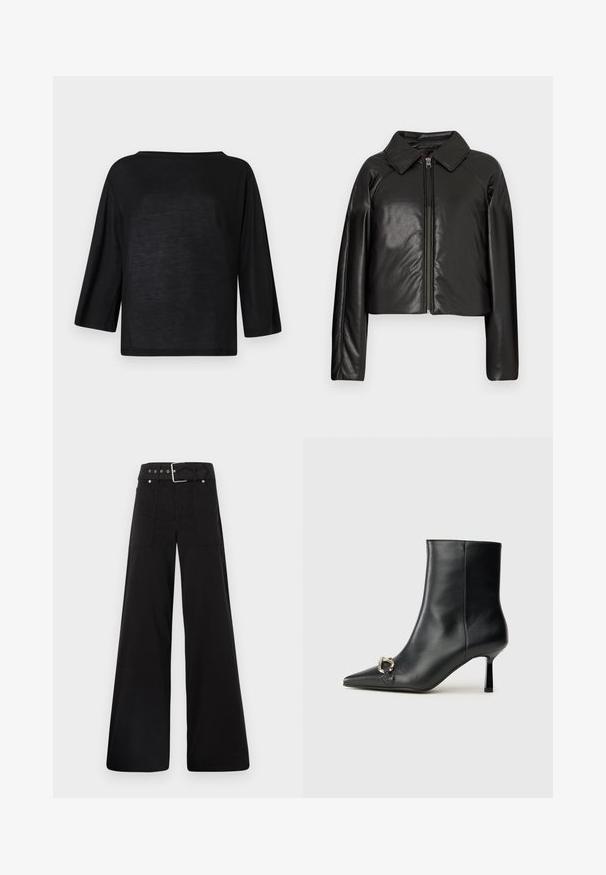 Black faux leather cropped jacket with a collared neckline and zip closure. Features long sleeves and smooth, glossy texture.; Black, loose-fitting top with a wide neckline and three-quarter sleeves. Material appears soft and lightweight with a smooth texture.; Black wide-leg trousers made from cotton, featuring a high waist, large side pockets, and a belted waist with silver hardware accents.; Black leather ankle boot with pointed toe, slim mid-height heel, and silver buckle detail on side against plain background.
