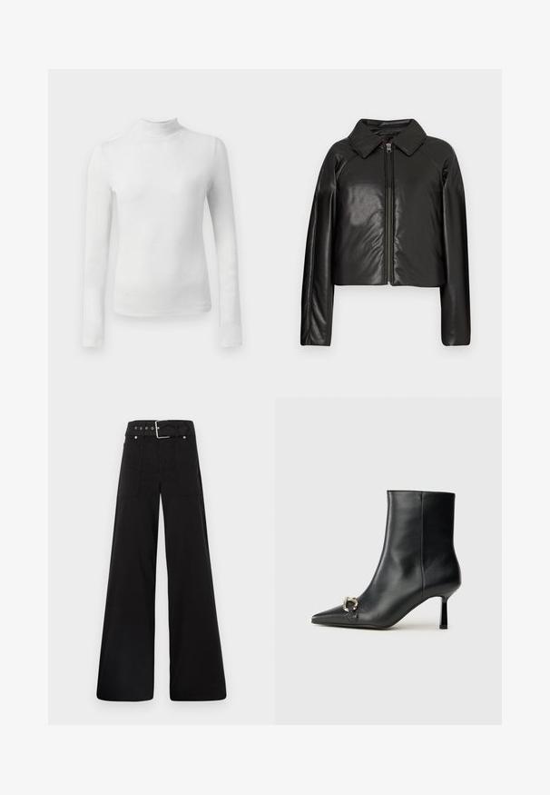 Crna faux kožna skraćena jakna s ovratnikom i zatvaranjem na munju. Ima duge rukave i glatku, sjajnu teksturu.; Bijela majica s dugim rukavima i visokim ovratnikom izrađena od teksturiranog, sjajnog materijala. Ima uski kroj.; Crne široke hlače od pamuka, s visokim strukom, velikim bočnim džepovima i pojasom s srebrnim detaljima.; Crne kožne gležnjače s nazupčanim prstom, uskim srednje visokim potpeticama i detaljem srebrne kopče sa strane na jedinstvenoj pozadini.