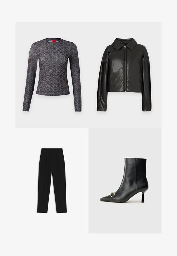 Black faux leather cropped jacket with a collared neckline and zip closure. Features long sleeves and smooth, glossy texture.; Long-sleeve shirt in black and gray with a geometric pattern. Features a crew neck and logo detail on the front and back. Smooth texture.; Black trousers with a straight fit, featuring double pleats, a smooth texture, and a classic waistband design. No visible hardware or accents.; Black leather ankle boot with pointed toe, slim mid-height heel, and silver buckle detail on side against plain background.