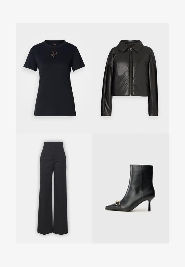 Black faux leather cropped jacket with a collared neckline and zip closure. Features long sleeves and smooth, glossy texture.; Black cotton t-shirt with a crew neck, short sleeves, and a heart-shaped logo embroidered in rose gold on the chest.; Wide-leg trousers in black fabric with a high waistband, featuring a clean finish and smooth texture. No visible hardware or patterns.; Black leather ankle boot with pointed toe, slim mid-height heel, and silver buckle detail on side against plain background.