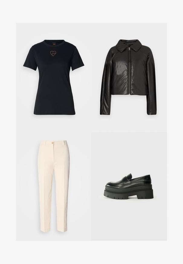 Črna jakna iz umetnega usnja s kratkim krojem, z ovratnikom in zadrgo. Ima dolge rokave in gladko, sijajno teksturo.; Črna bombažna majica s kratkimi rokavi in okroglim izrezom, z izšitim logotipom v obliki srca v rožnato zlato na prsih.; Kremne hlače z visokim pasom, izdelane iz teksturirane tkanine. Imajo sprednje zapiranje na gumb in ožje noge.; Črne usnjene loafer čevlje s debelim platformastim podplatom. Okrogla oblika, detajl na sprednji šivi in subtilni šivi. Raven, teksturiran podplat.