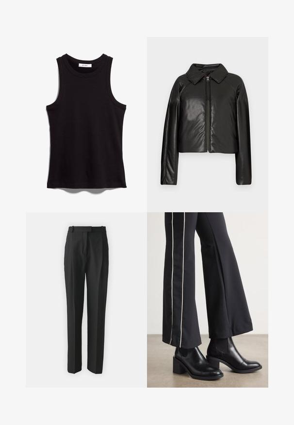 Black faux leather cropped jacket with a collared neckline and zip closure. Features long sleeves and smooth, glossy texture.; Black tank top made of ribbed fabric. Features a crew neckline and wide armholes. Straight hem with stitched detailing. Simple design.; Black tailored trousers made from lightweight fabric, featuring a straight cut, flat front, and belt loops. Smooth texture with no visible patterns.; Black leather ankle boots with a block heel, featuring elastic side panels. Paired with black pants that have a white side stripe.