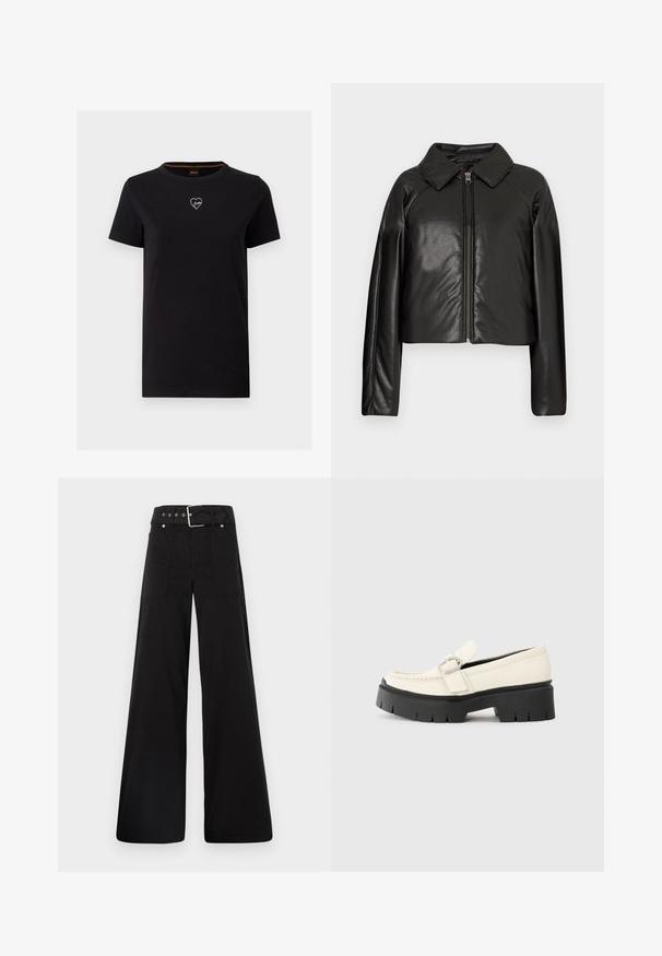 Černá faux kůže zkrácená bunda s límečkem a zipem. Obsahuje dlouhé rukávy a hladký, lesklý povrch.; Černé bavlněné tričko s kulatým výstřihem, krátkými rukávy a bílou grafikou srdce na hrudi. Jednoduchý, nezdobený design.; Černé široké kalhoty vyrobené z bavlny, s vysokým pasem, velkými bočními kapsami a opaskem s kovovými akcenty v barvě stříbra.; Bílé kožené mokasíny s robustní černou platformou, vybavené obdélníkovou stříbrnou sponou a viditelným švem na svršku.
