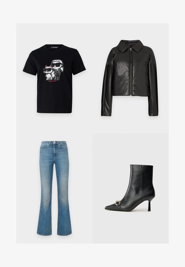 Crna faux kožna skraćena jakna s ovratnikom i zatvaranjem na munju. Ima duge rukave i glatku, sjajnu teksturu.; Crna pamučna majica s grafičkim printom lika i mačke, oboje nose sunčane naočale, s crvenim tekstom ispod.; Svijetloplave traperice s flared krojem. Imaju struk s gumbom i izblijedjeli pranje, sužavajući se prema širokom rubu na gležnjevima.; Crne kožne gležnjače s nazupčanim prstom, uskim srednje visokim potpeticama i detaljem srebrne kopče sa strane na jedinstvenoj pozadini.