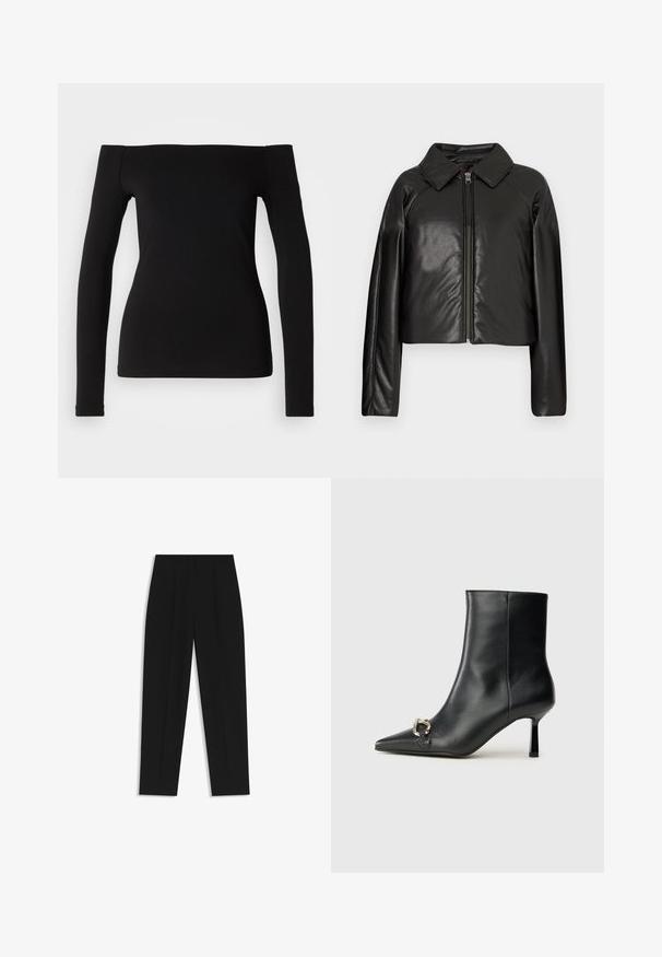 Sort kunstlæder cropped jakke med krave og lynlåslukning. Har lange ærmer og en glat, blank tekstur.; Sort langærmet top med off-the-shoulder halsudskæring, glat stof, tætsiddende design og sømløs kant. Enkel og minimalistisk stil.; Sorte bukser med lige pasform, der har dobbelte folder, en glat tekstur og et klassisk taljedesign. Ingen synlige hardware eller accenter.; Sort læder ankelstøvle med spidse tæer, slank hæl i mellemhøjde og sølvspænde detaljer på siden mod en ensfarvet baggrund.