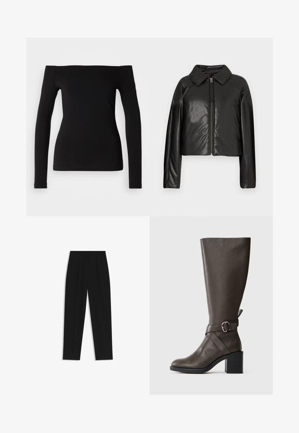 Black faux leather cropped jacket with a collared neckline and zip closure. Features long sleeves and smooth, glossy texture.; Black long-sleeve top with off-the-shoulder neckline, smooth fabric, fitted design, and a seamless hem. Simple and minimalistic style.; Black trousers with a straight fit, featuring double pleats, a smooth texture, and a classic waistband design. No visible hardware or accents.; Dark brown knee-high leather boot with a medium block heel and a decorative strap with silver buckle around the ankle.