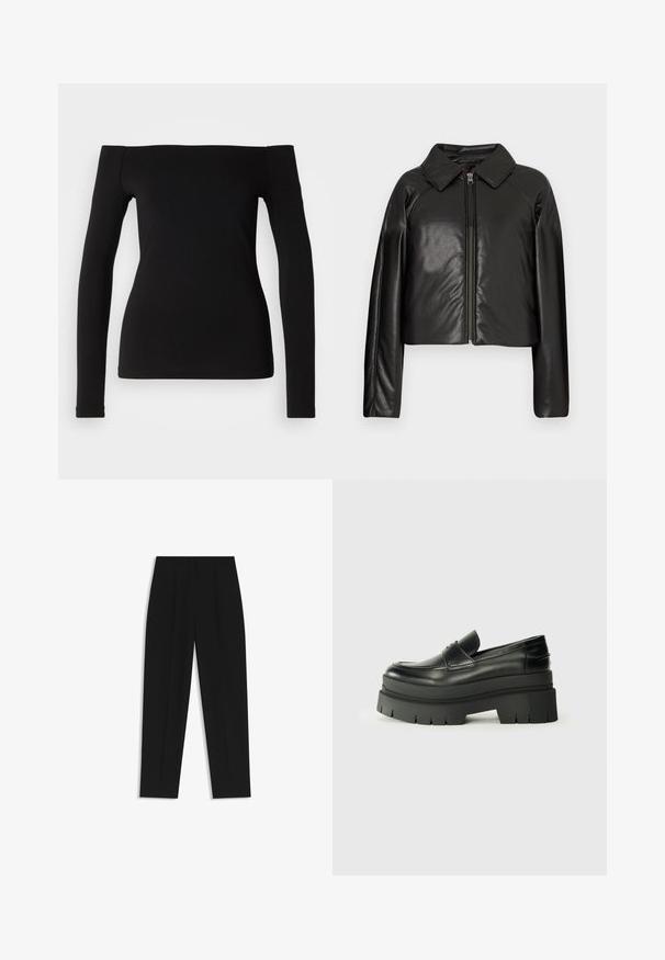 Black faux leather cropped jacket with a collared neckline and zip closure. Features long sleeves and smooth, glossy texture.; Black long-sleeve top with off-the-shoulder neckline, smooth fabric, fitted design, and a seamless hem. Simple and minimalistic style.; Black trousers with a straight fit, featuring double pleats, a smooth texture, and a classic waistband design. No visible hardware or accents.; Black leather loafers with a chunky platform sole. Rounded toe, front seam detail, and subtle stitching accents. Flat, textured outsole.