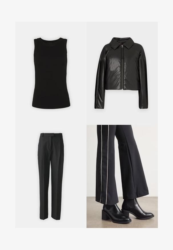 Mustast kunstnahast lühike jakk, millel on kraega kaelus ja tõmblukuga sulgemine. Omab pikki varrukaid ja sujuvat, läikivat tekstuuri.; Must t-särk ilma varrukateta, valmistatud ribakudumisest puuvillast, ümar kaelus ja keha lähedane lõige.; Mustad kohandatud mustad püksid kergest kangast, sirge lõikega, lamedate esiosadega ja vöökohaga. Sile tekstuur ilma nähtavate mustriteta.; Mustad nahast pahklu_bootid, millel on ploki konts ja elastsed külgpaneelid. Kombineeritud mustade pükstega, millel on valge küljeriba.