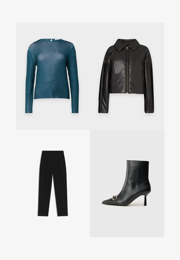 Black faux leather cropped jacket with a collared neckline and zip closure. Features long sleeves and smooth, glossy texture.; Teal long-sleeve top made of sheer mesh with a grid pattern. Features a round neckline and back closure, embellished with subtle sparkle.; Black trousers with a straight fit, featuring double pleats, a smooth texture, and a classic waistband design. No visible hardware or accents.; Black leather ankle boot with pointed toe, slim mid-height heel, and silver buckle detail on side against plain background.