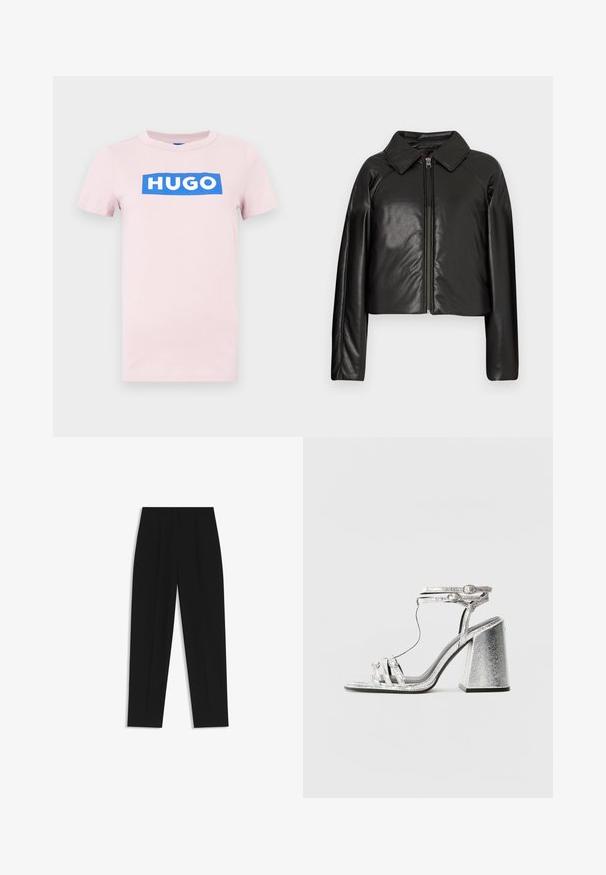 Zwarte faux leren cropped jack met een kraag en ritssluiting. Heeft lange mouwen en een soepele, glanzende textuur.; Roze katoenen T-shirt met korte mouwen, voorzien van een witte "HUGO"-logo op een blauw rechthoekig achtergrond aan de voorkant. Regular fit, ronde hals.; Zwarte broeken met een rechte pasvorm, voorzien van dubbele plooien, een zachte textuur en een klassiek taillebandontwerp. Geen zichtbare hardware of accenten.; Zilveren sandaal met blokhak, voorzien van dunne bandjes en een enkelgesp. Het materiaal heeft een metallic afwerking met een gestructureerde uitstraling.