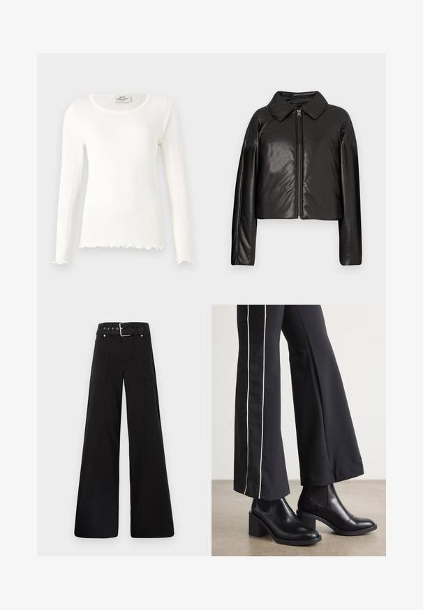 Schwarze Kunstleder-Cropped-Jacke mit Kragen und Reißverschluss. Mit langen Ärmeln und glatter, glänzender Textur.; Langärmliges weißes Rippoberteil mit rundem Ausschnitt und gewellten Saumdetails. Hergestellt aus weichem Stoff mit taillierter Silhouette. Markenlabel sichtbar.; Schwarze weitgeschnittene Hose aus Baumwolle, mit hoher Taille, großen Seitentaschen und einem taillierten Bund mit silbernen Hardware-Akzenten.; Schwarze Lederstiefeletten mit einem Blockabsatz, ausgestattet mit elastischen seitlichen Einsätzen. Kombiniert mit schwarzen Hosen, die einen weißen Seitenstreifen haben.