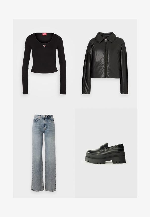 Mustast kunstnahast lühike jakk, millel on kraega kaelus ja tõmblukuga sulgemine. Omab pikki varrukaid ja sujuvat, läikivat tekstuuri.; Must mustärgeline pikade varrukatega lühike topp, valmistatud ribafantatsiooniga kangast. Omab ümarat kaelust ja väikest punast ja valget logo plaati rinnal.; Heledad sinine denimist teksas, kõrge vöökoht, laiad jalad, pleekinud viimistlus ja peened kulumisdetailid. Klassikaline viie tasku disain.; Mustad mustrennistest nahast mokad, millel on paks platvormi tald. Ümar varvas, eesmine õmblusdetail ja peened õmblemisaktsendid. Lame, tekstureeritud välistald.